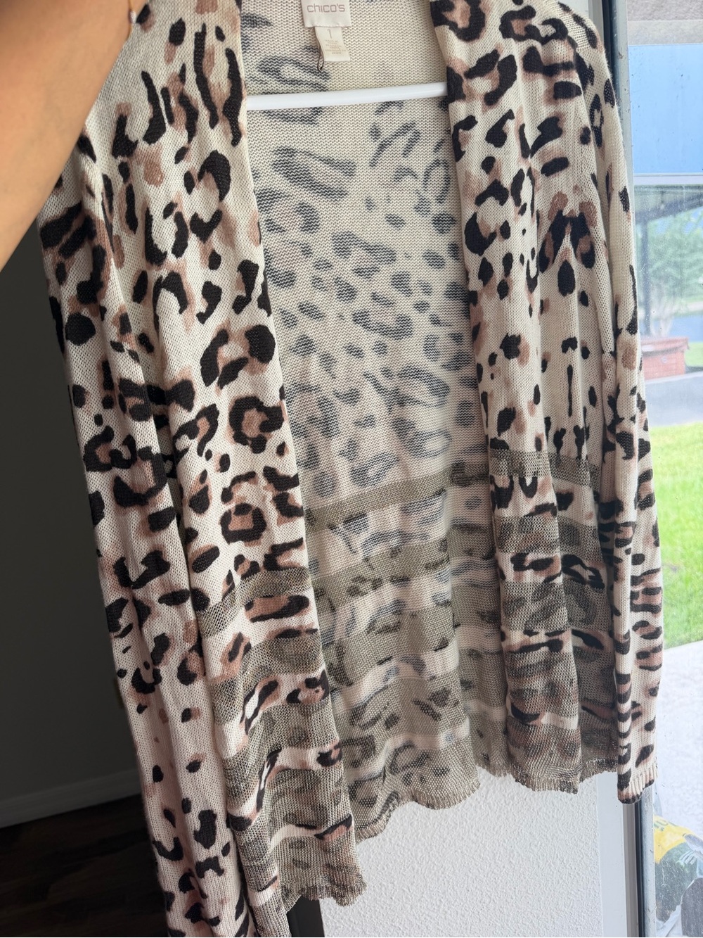Chico's Leopard Print Open Front Cardigan 1 M Gold Metallic Stripe Lightweight